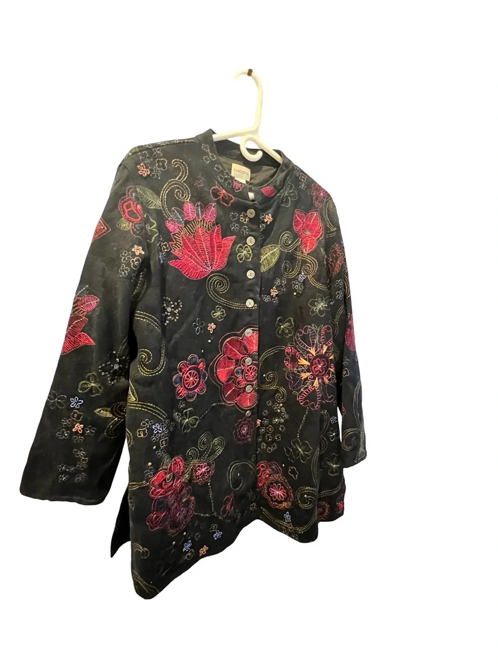 Chico’s Size 3 Embroidered Floral Art Jacket Boho Oversized